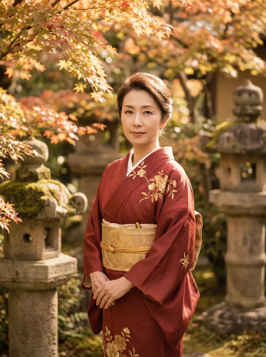 一位身穿暗红色和服的优雅 美女性爱 在日式庭院中